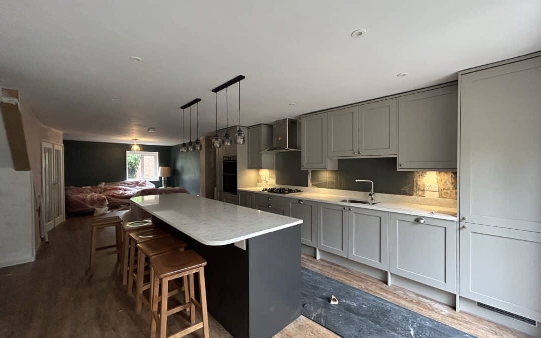 New kitchen, remove internal walls to make open plan and new French doors in Oxted